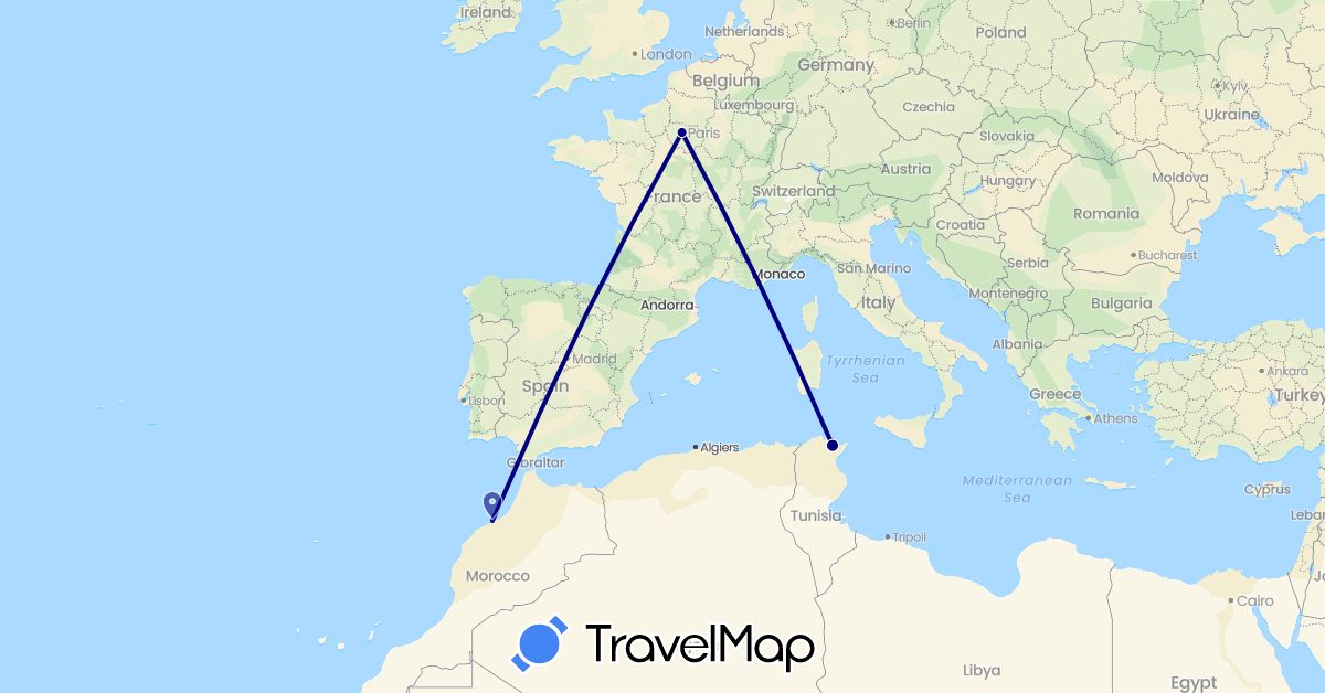 TravelMap itinerary: driving in France, Morocco, Tunisia (Africa, Europe)